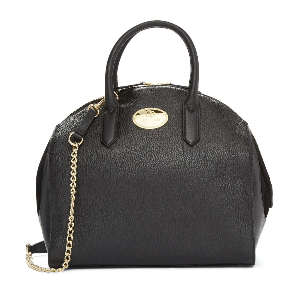 NWT Roberto Cavalli Black Zip Top Leather Satchel